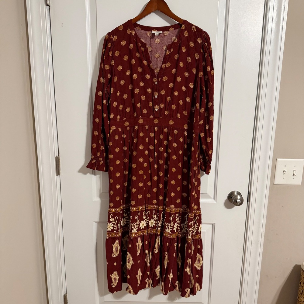 Wonderly Boho Paisley Floral Midi Dress Burgundy Red Long Sleeve 1X